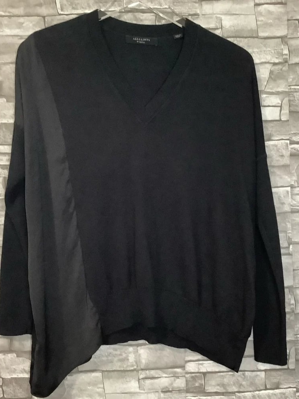 AllSaints Black V-Neck Mixed Media Blouse XS